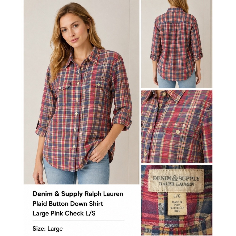 Denim & Supply Ralph Lauren Plaid Button Down Shirt Large pink Check L/S